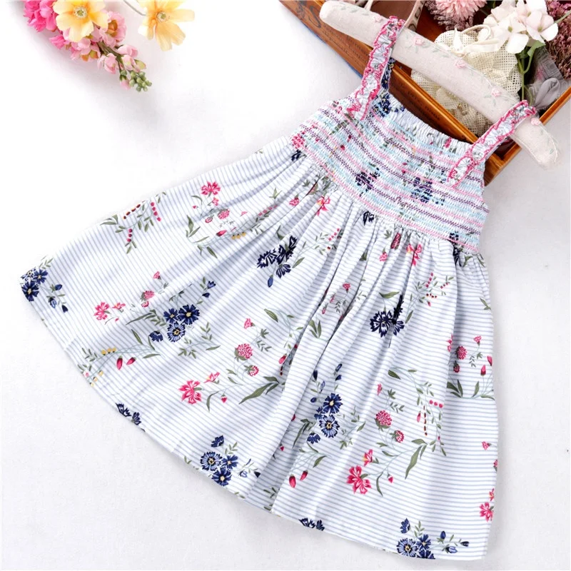 

B022643 baby clothes girl dresses smocked beach floral striped kids flower summer children clothes wholesale cotton