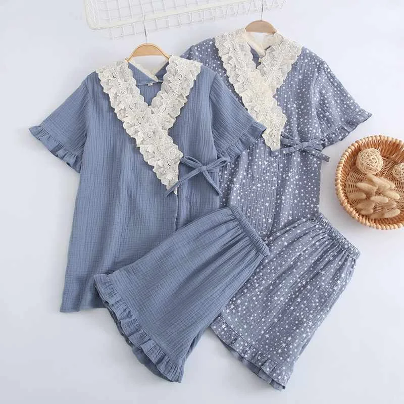 

Japanese style kimono new ladies solid color short sleeve + shorts pure cotton double gauze sleepwear sleep pants suit plus size, Required