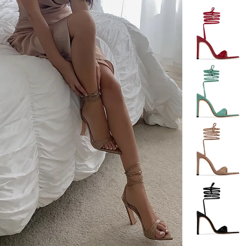 

Dropshipping Hot Wholesale spring summer high heel Sandals cross strap Sexy 11cm heeled sandals custom women shoes, Red, green, black, apricot