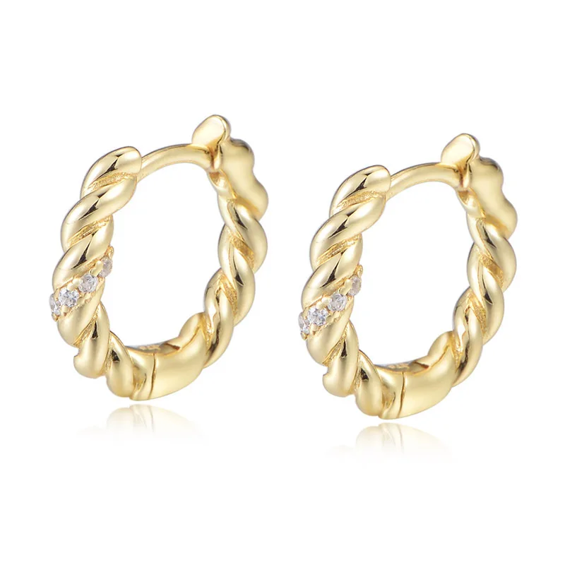 

INS fashion 925 sterling silver twist twisted mini zircon gold plated hoop earrings for women