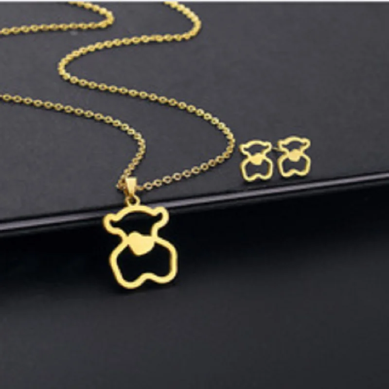 

Women Jewelry Set Gold Bear Trendy Bear Necklace Earring Ring Mother's Day gift Set