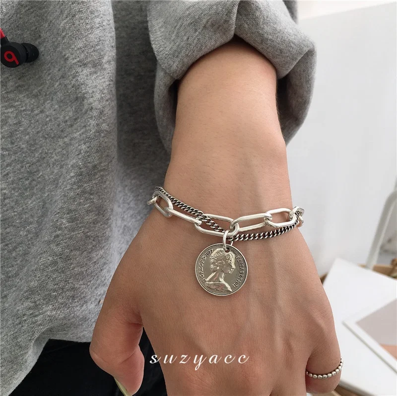

Retro Ankle Chain Round Coin Bracelets Women Bracelet Double Layer Cool Bracelets, Gold,silver
