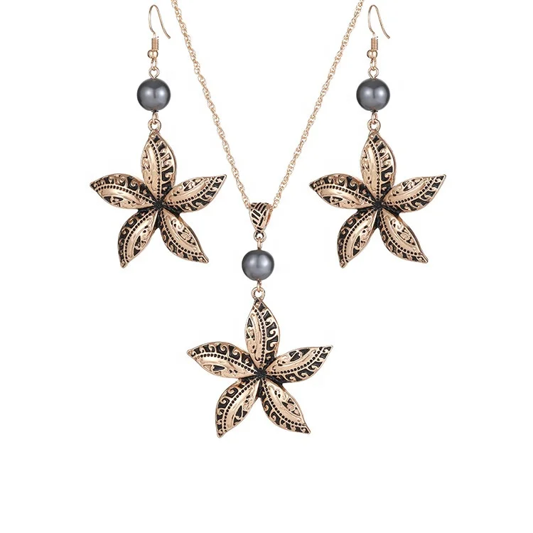 

Flower Shape Chain Pearl Fashion Beads Jewelry Women Set Hawaii Earring Necklace, Golden
