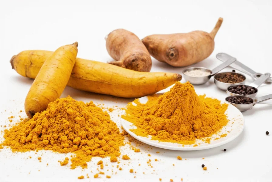 Turmeric root and powder displayed alongside measuring spoons and black pepper