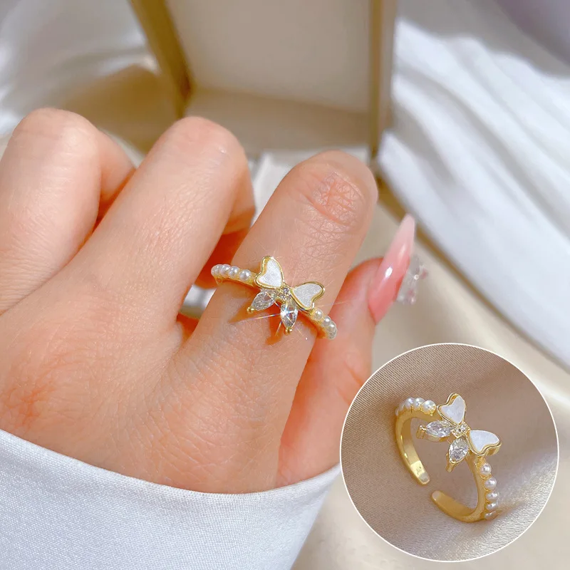 

Real Gold Plated Butterfly Rings For Women Pearl Luxury Adjustable Jewelry Ring Party