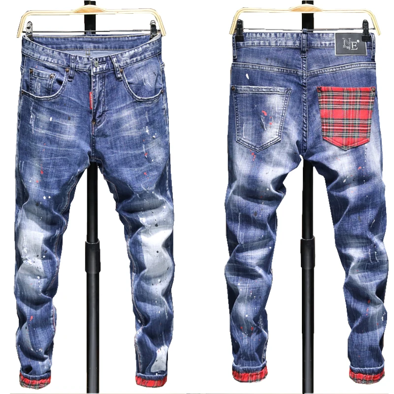 

New stretch paint ripped denim trousers Slim jeans men's casual motorcycle denim jeans men's street hip-hop retro trousers, Picture color
