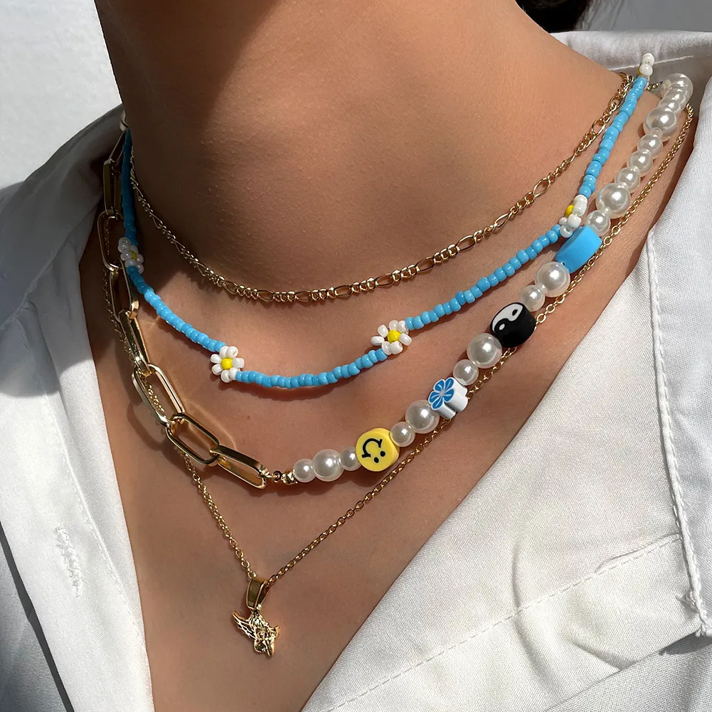 

2021 New Bohemian Multilayer Necklaces Handmade Acrylic Smiley Face Flower Rice Beaded Choker Metal Angel Pendant Necklace, Gold color