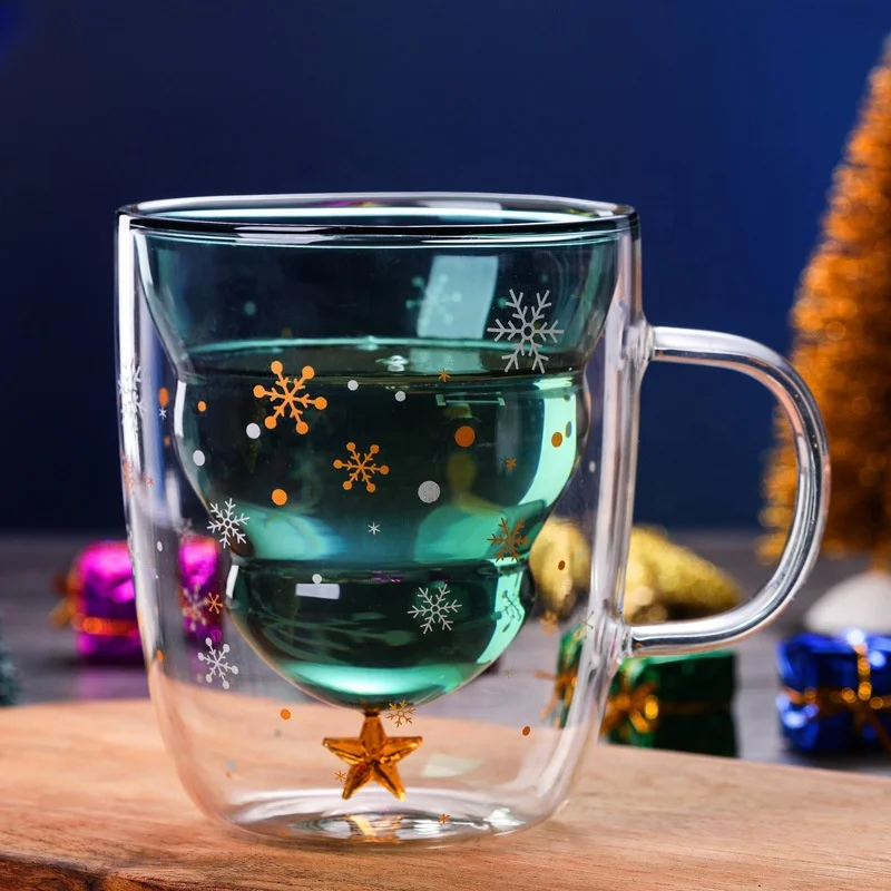 

300ml Lovely Double Wall Glass Mugs Christmas Tree And Star Shaped New Design Coffee Milk Cup With Food Grade Silicone Lid, 2 color