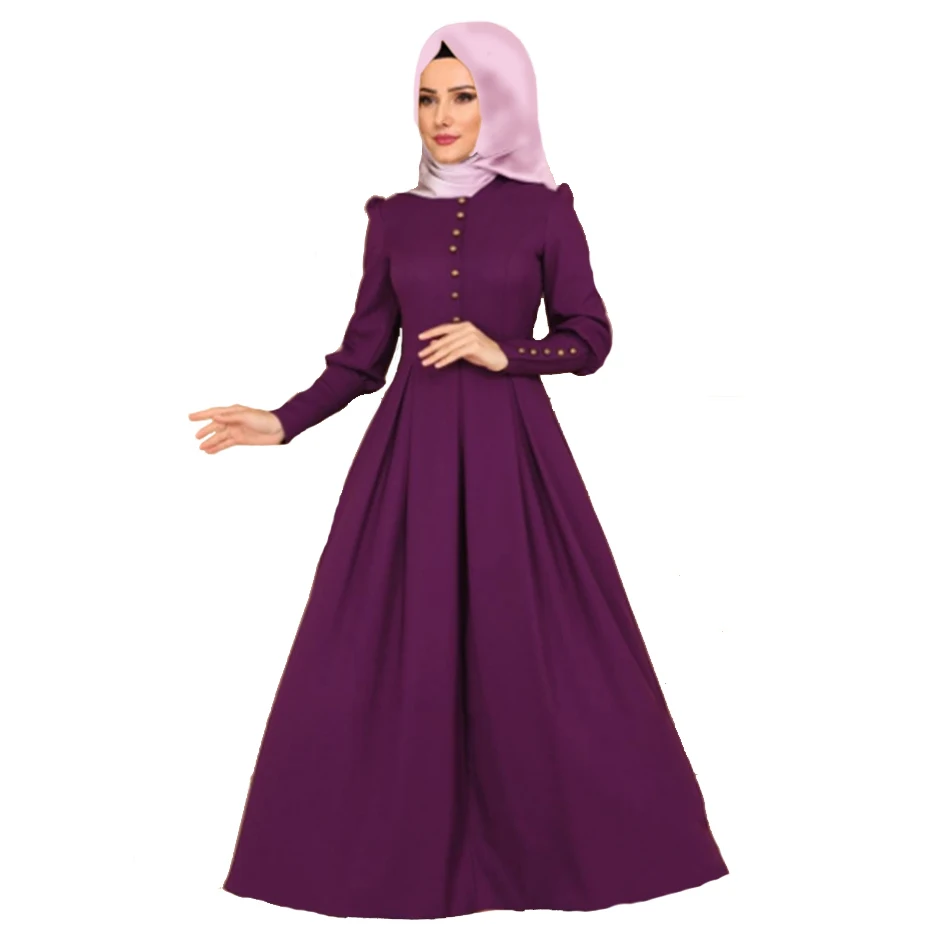 

New Women Round Neck Long Sleeve Closure Cuff High Waist Big Skirt Abaya Muslim Dress, Blue/red/pink