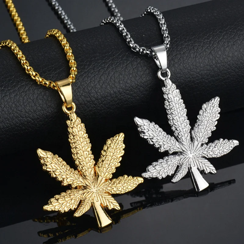 

Fashionable 24K Gold Plated Weed Herb Leaf Charm Punk Necklace and Wheat Chain HipHop Pot