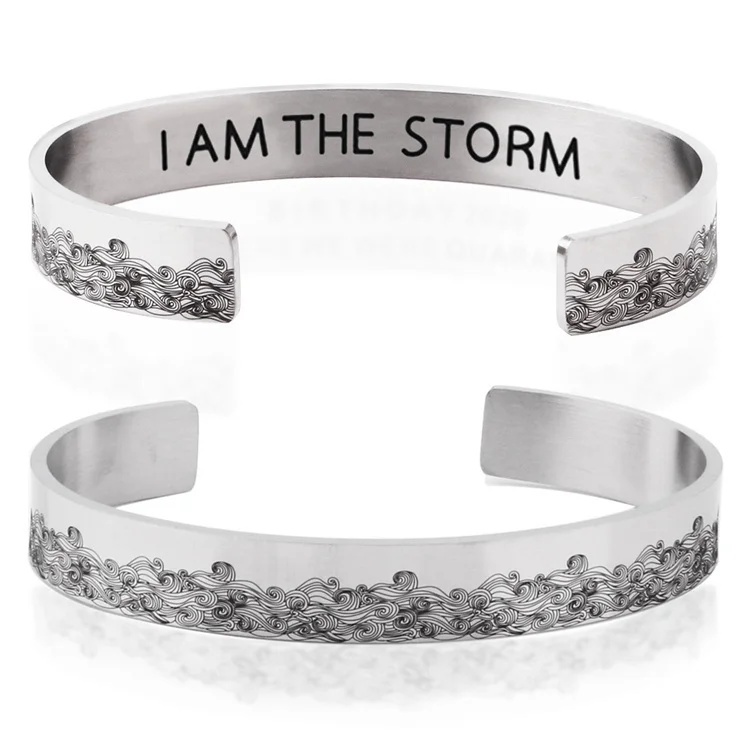 

Wholesale customizable 10mm wave bracelet stainless steel opening I AM THE STORM lettering bracelet gift