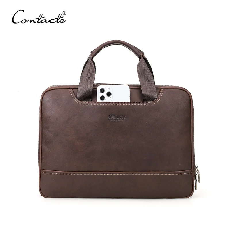 

CONTACT'S Business Men Laptop Bag Crazy Horse Leather Briefcase Male 13.3 inch Messenger Laptop Waterproof Briefcase Bag, Coffee/customized