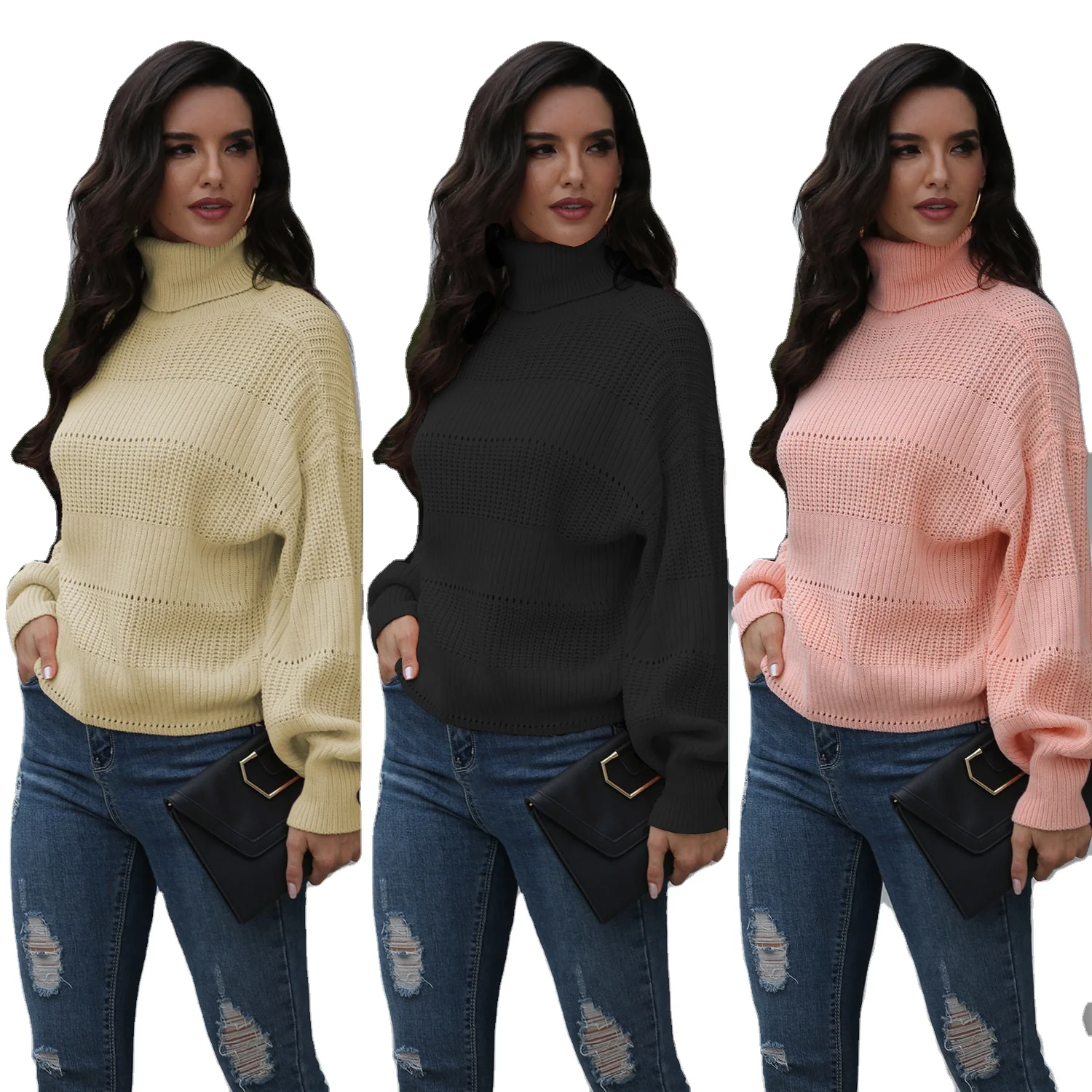 

Autumn and winter ladies European and American new high-neck hollow loose knit pullover