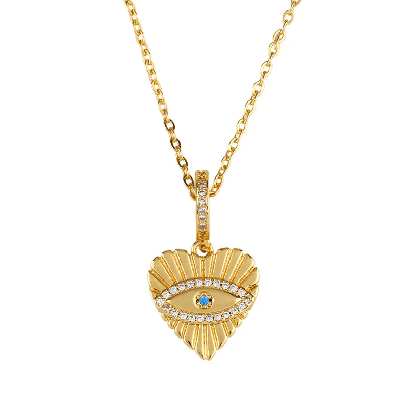 Fashion 18K Gold Plated Evil Eye Pendants Necklace Copper Long Chain Zircon Heart Necklace for Women