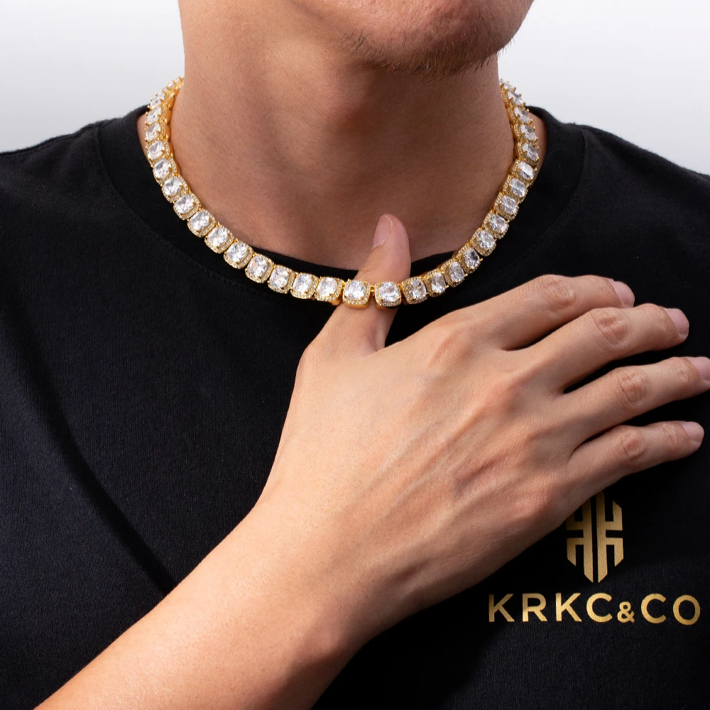 

KRKC Shining Jewelry Hot Sale 10mm Rhodium Gold Plated Clustered Tennis Necklace Choker Iced Out Cubic Zircon Mens Tennis Chain