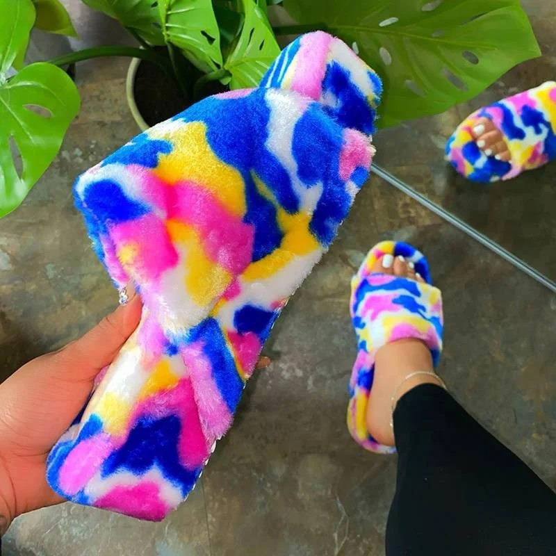 

Colorful Fur Best Selling Winter Warm Women Shoes Rainbow Leopard Thick-soled Sandals, 3 colors