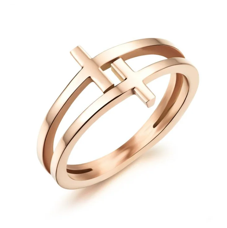 

Korean New Stainless Steel Rose Gold-Plated Double Cross Index Finger Personalized Tail Ring Jewelry