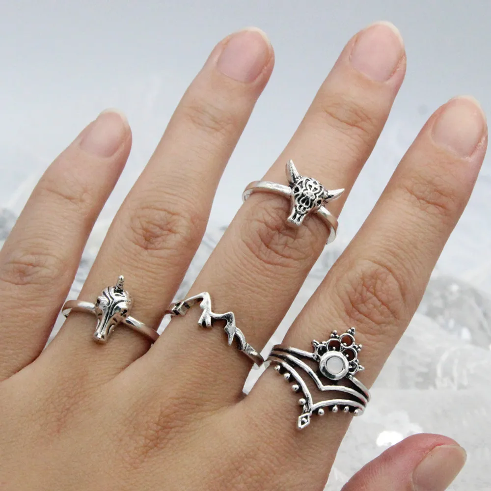 

Manufacturer wholesale cross-border jewelry rings for European fashional and individual unicorn ladies party knuckle ring set, Antique silver color