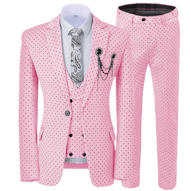 

3 Pieces Dots Printed Men Wedding Suits Costume Homme Slim Fit Notch Lapel Tuxedos Best Men Blazer Double Breasted Vest