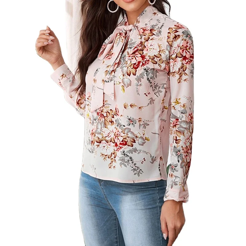 

GOTS And TUV Authorized Certification Custom Fashion High Quality Summer Ladies Bow Tie Front Floral Print Blouse