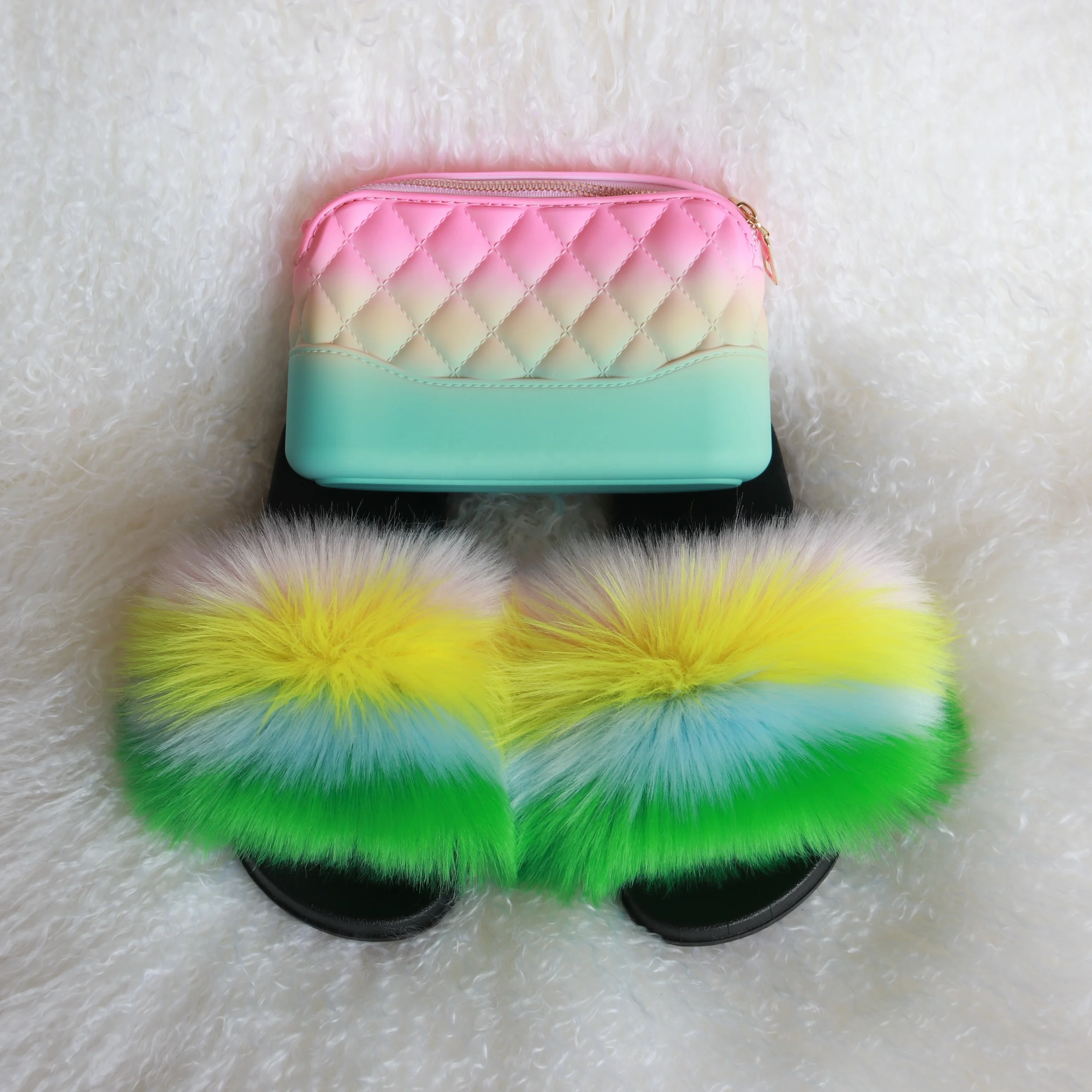 

Curlyfur faux fur sandals 2021 mini size zipper jelly purse and fur slippers 4 colors