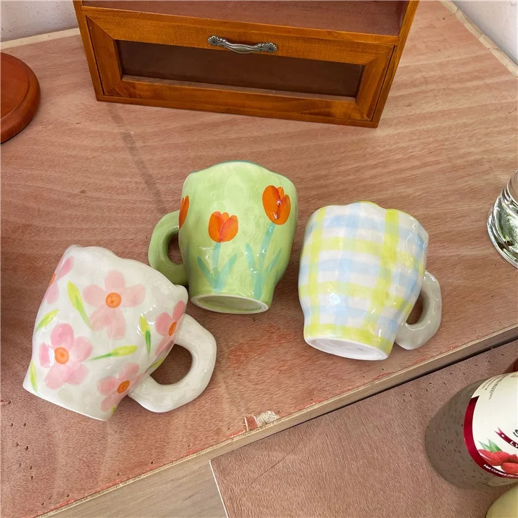 

Korean ins wind hand-squeezed irregular shape mug hand-painted flower tulip ceramic breakfast cup coffee cups