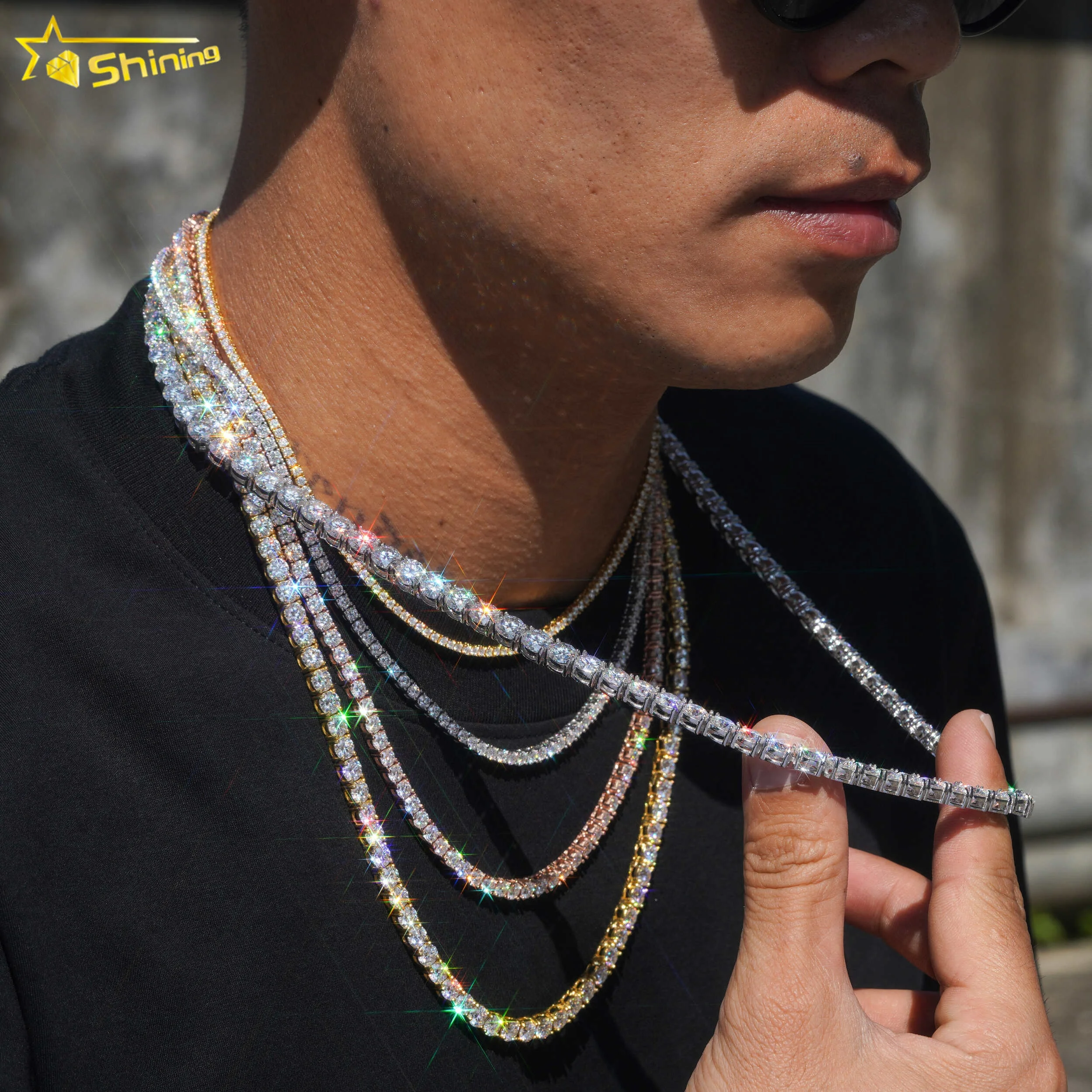 Ship Worldwide 2mm 3mm 4mm Factory Wholesale Solid S925 Gold Plated Hip Hop Necklace VVS D Color Moissanite Diamond Tennis Chain