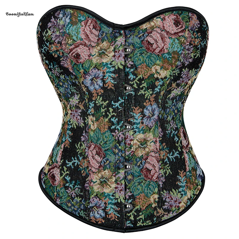 5 Brooches Closure Women's Slimming Binder Bustier Medieval Gorset Top Floral Embroidered Overbust Corselet With 12 Glue Bones