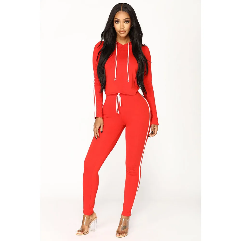 WWK OEM Contrast Color Drawstring One Side Stripe Sports Set with Hood Skinny Fitted Stripes Quick Dry Sweatsuit Tracksuit
