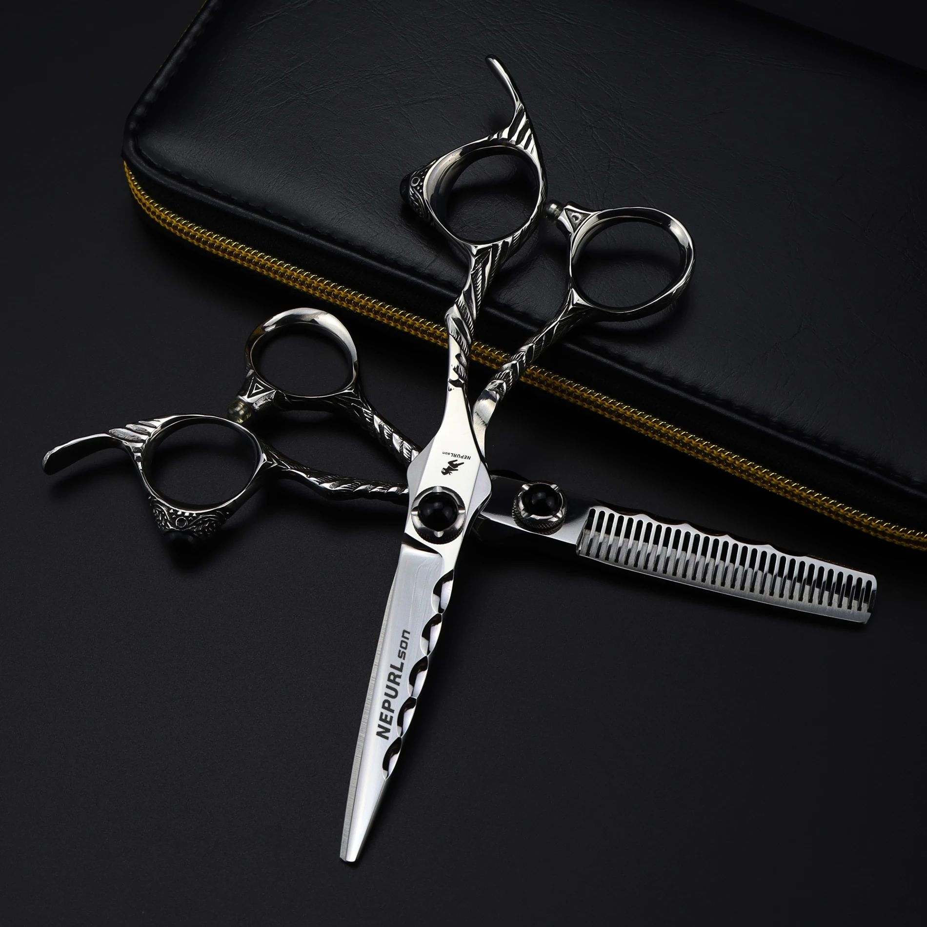 

6.0 inch NEPURLson sliver black diamond new fashion design beauty barber scissors flat scissors tooth Hair scissors