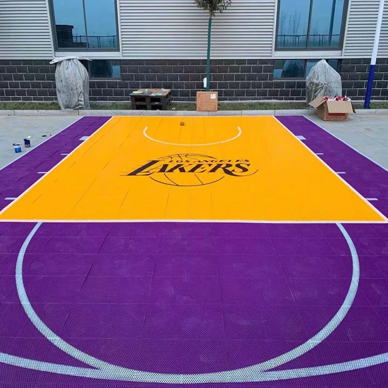 

Hot Yellow with Purple Lakers Court 22X26' 572pcs outdoor interlocking basketball court flooring for backyard