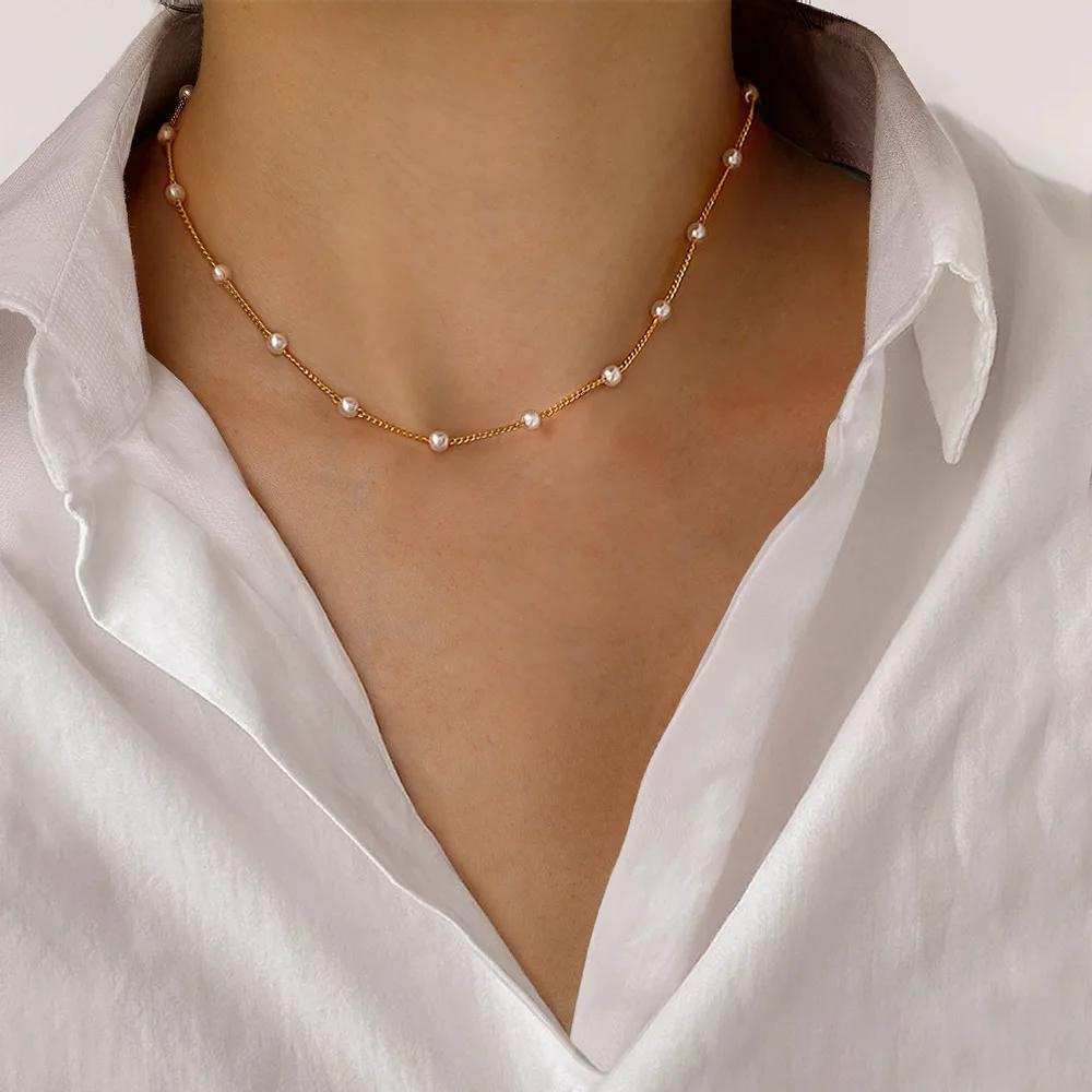 2022 New Vintage Pearl Necklace Simple Choker Clavicle Chain Neck Chain for Girls