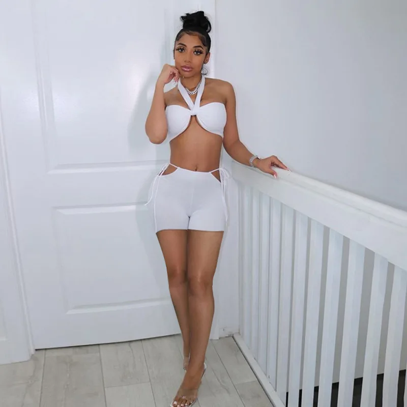 

H6309 - 2021 hot stylish women sexy backless solid short pants two piece outfits