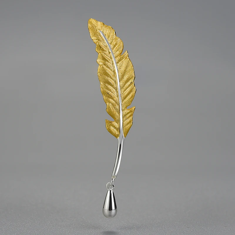 

Luxury 925 Sterling Silver Long Goose Feather Brooches Pin Fine Jewelry