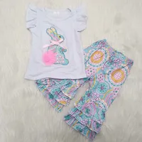 

Fashion Cheap Cute Children Boutique Ruffle Easter Rabbit Baby Clothes Set Kids Girls Clothing Outfits