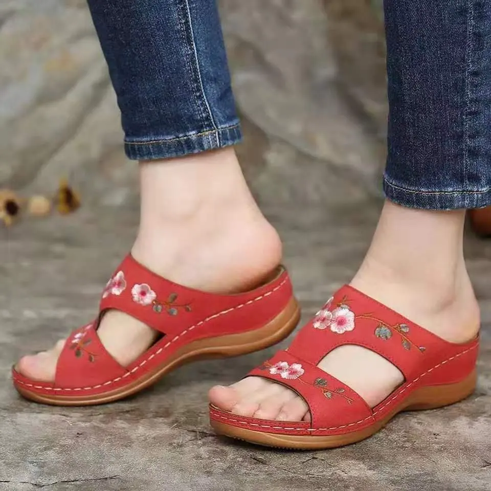 

Folk customs embroidered t-shape open toe women slippers wedge heel lady mules outer wear platform female slides sandals