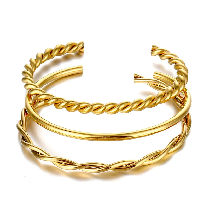 Wholesale Women Jewelry 18k Gold Plated Stainless Steel Rope Twisted Open Cuff Bangle Bracelet