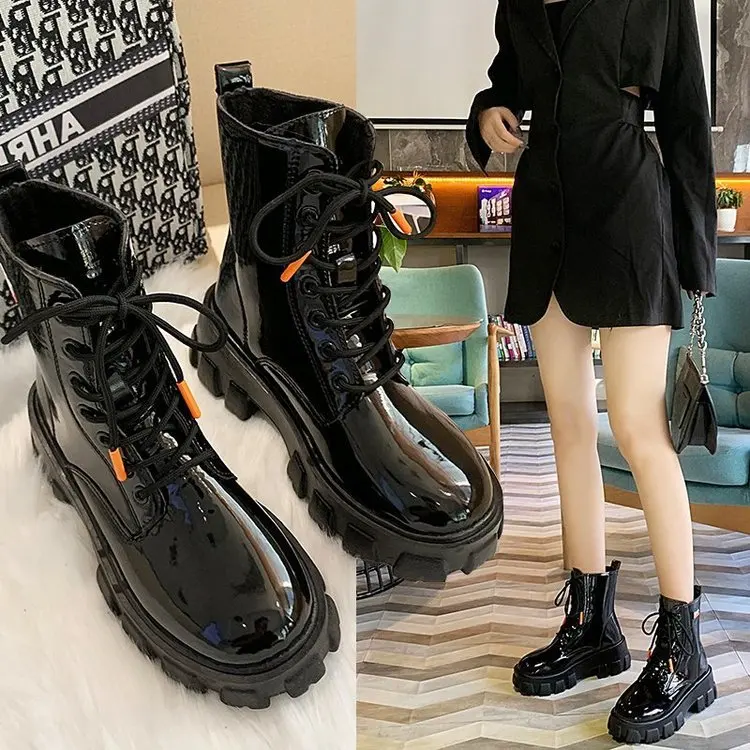 

Korean version of glossy short boots thin legs slim girls casual Leather martens Ankles and Booties for women