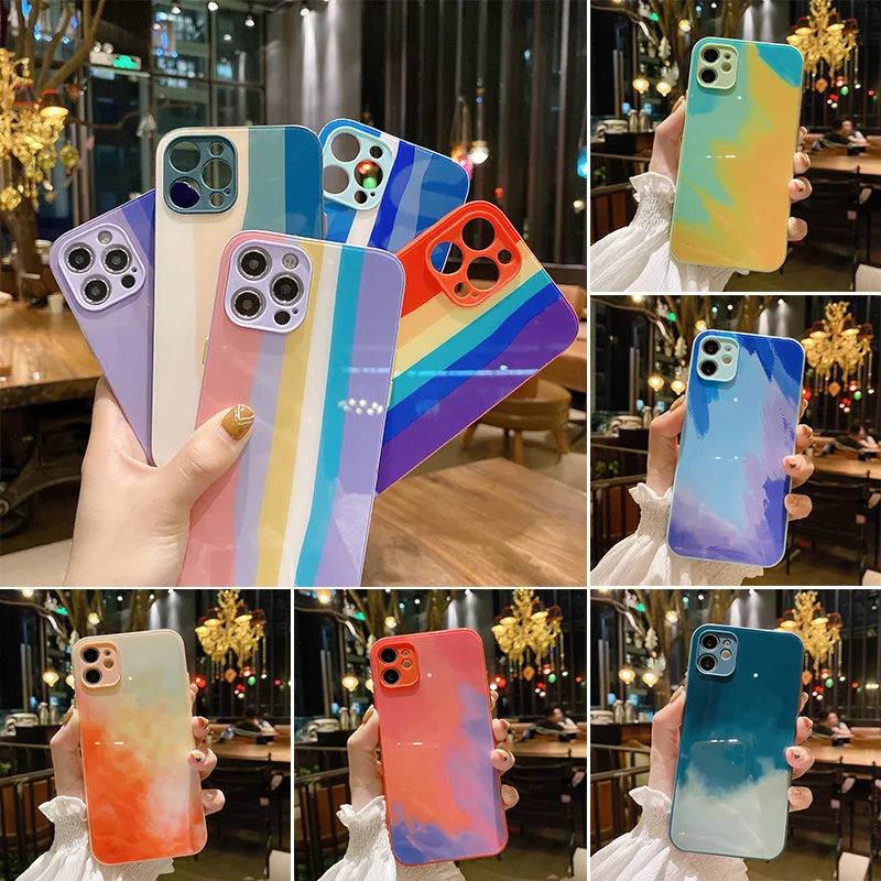 

Explosion-proof Tempered Glass Mobile Phone Case For iPhone 12 pro max+Tempered Glass Hard Rainbow color flow Mobile Phone Back, Iridescence