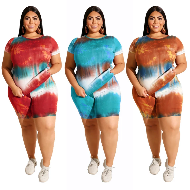 

Amazon hot selling fashion casual tie dye Shorts women plus size 2 piece casual sets clothing summer 2020, Red, orange, blue