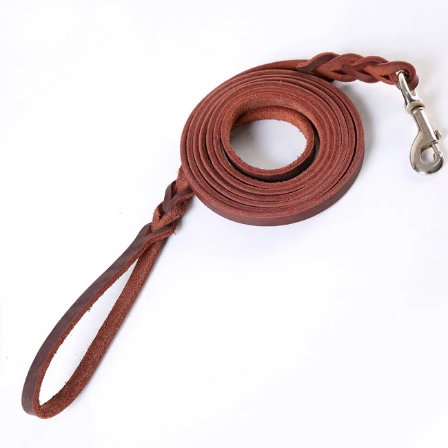 

Dropshipping Durable Strong Brown Genuine Leather Padded Strap Braided Handle Hands Free Luxury Dog Leather Leash