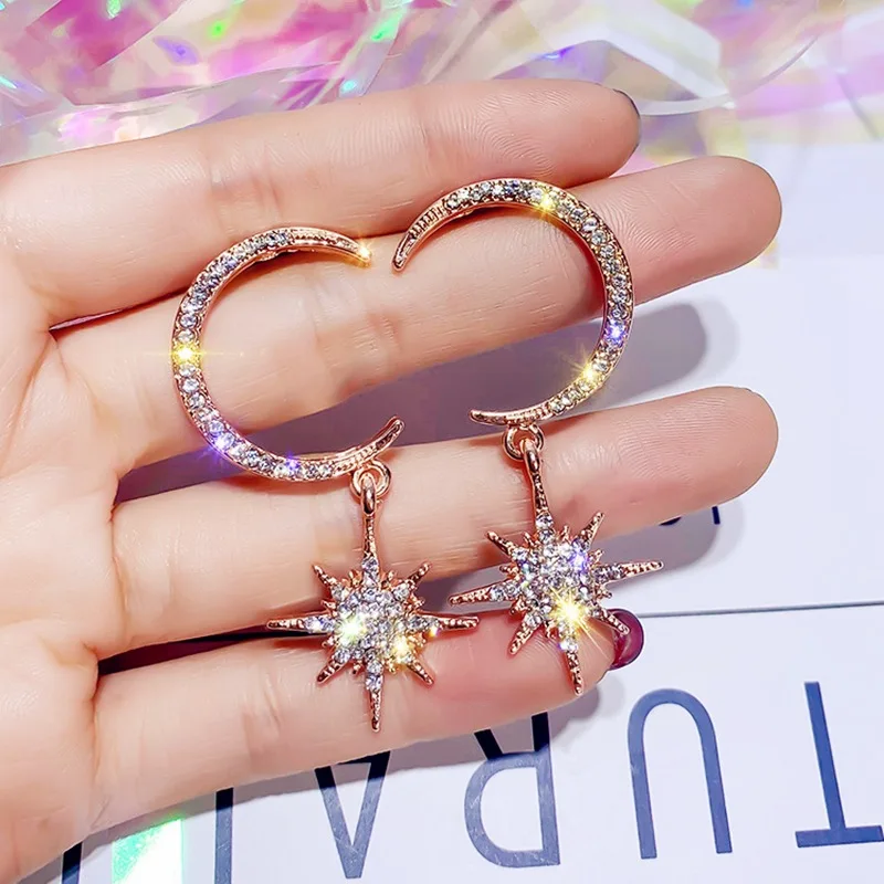 

S925 Sterling Silver Needle trendy diamond moon star asymmetrical shape long tassel earrings women, Gold,silver