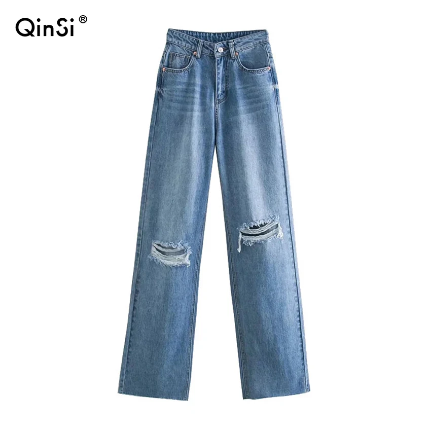 

QINSI Female Trousers Mujer Vintage High Waist Zipper Fly Denim Pants Women Chic Fashion Ripped Hole Wide Leg Jean