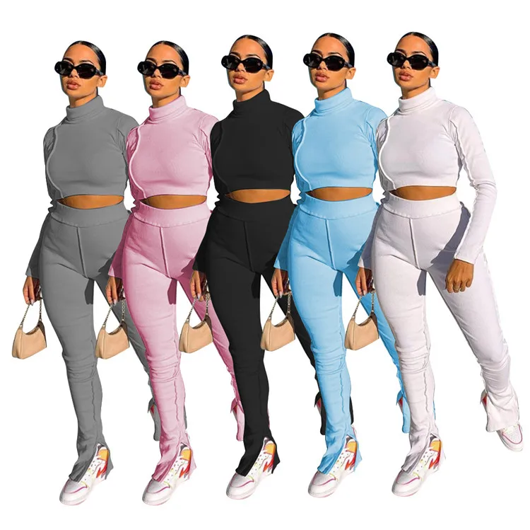 

New 2021 Women Clothing Outfits Spring Jumpsuit Long Sleeve Crop Top and Split Stacked Pant Suits 2piece Set Women Sweatsuit, As picture