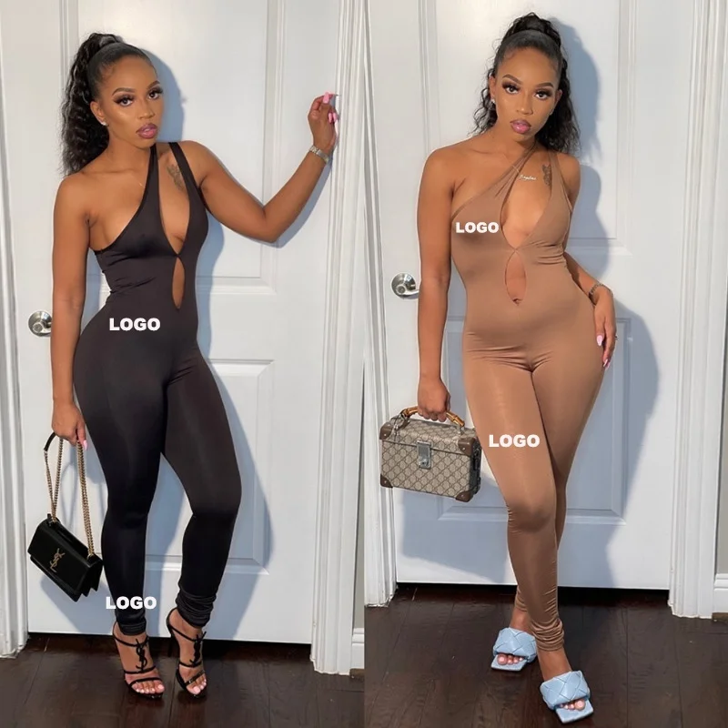 

Summer new high waist slim fit hip raise sloping shoulder off the shoulder backless casual sports jumpsuit