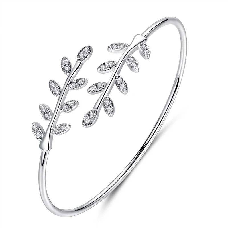 

2019 Fashion Elegant Zircon Leaf Cuff Bracelets Bangles For Women Silver Color Copper Open Bangle Jewelry (KB8235), As picture