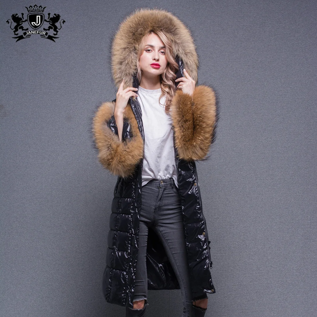 

Custom winter warm fur hood duck down jacket width real fur raccoon collar