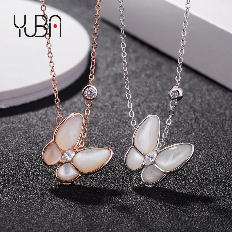 

Fashionable Rose Gold Silver Plated S925 silver Diamond White Fritillaria Butterf Charm Pendant Necklace Jewelry, Silver color