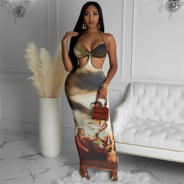 

L3346-wholesale sleeveless halter vintage cut out bodycon dress women club dresses sexy