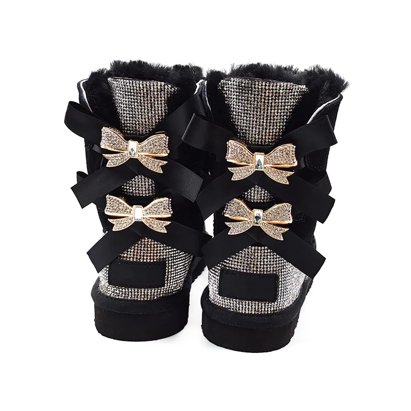 

Wholesale fashion rhinestones bling bling winter fur snow boots women with 2 bows
